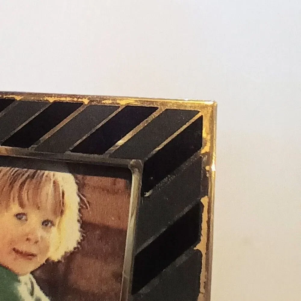 Vintage Pata Mini Rectangle Metal Picture Frames-Lot Of 2-Gold Black Stripe-